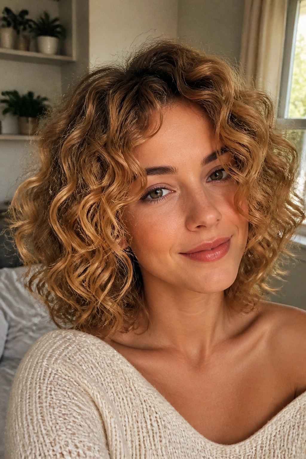 Portrait of a woman with a butterscotch curly lob under warm window light