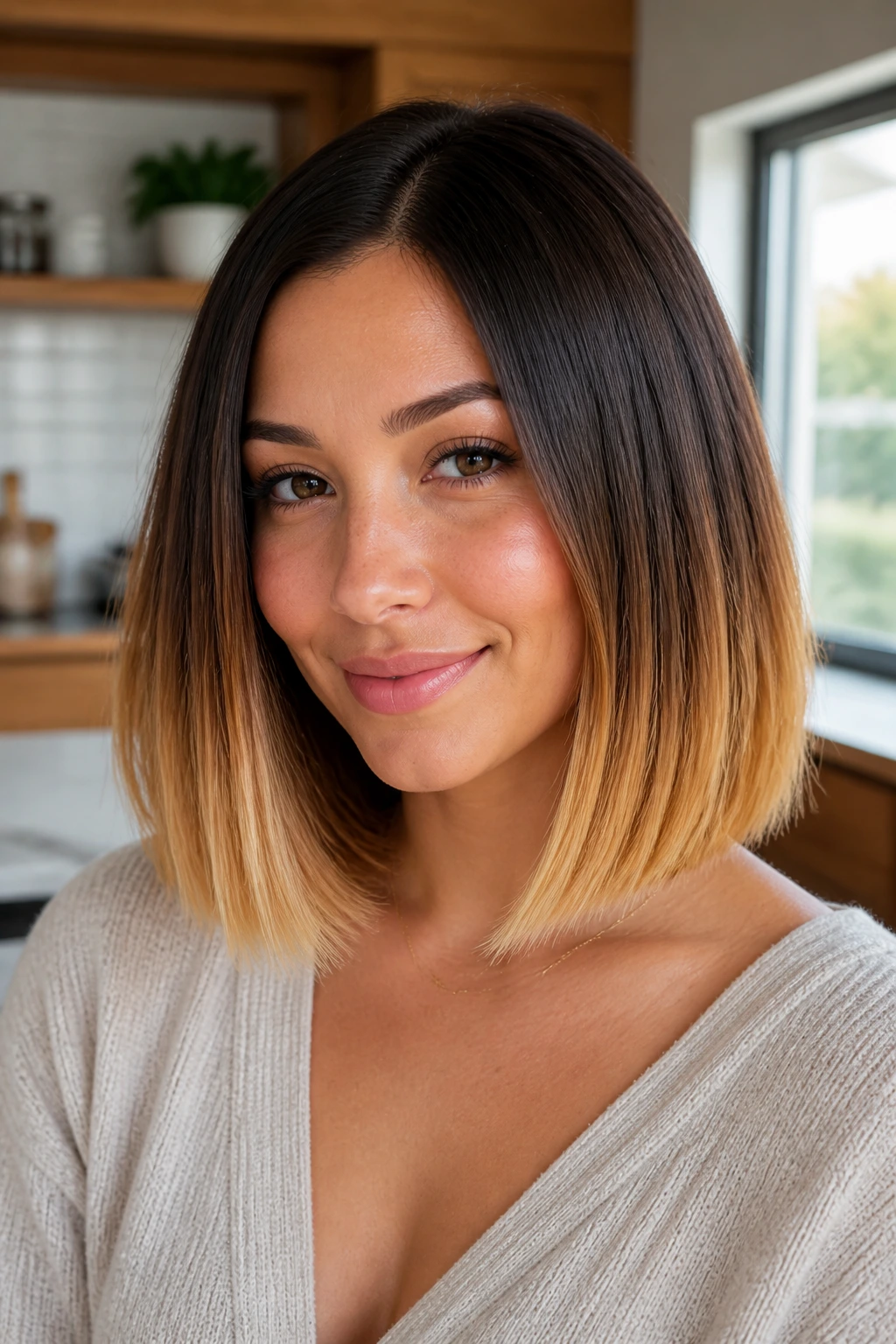 Real woman with butterscotch ends on a lob ombre in a bright kitchen