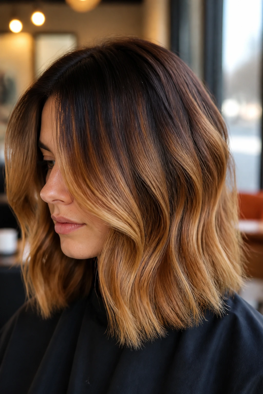 Butterscotch melt close-up on brunette hair with warm root-to-end gradient