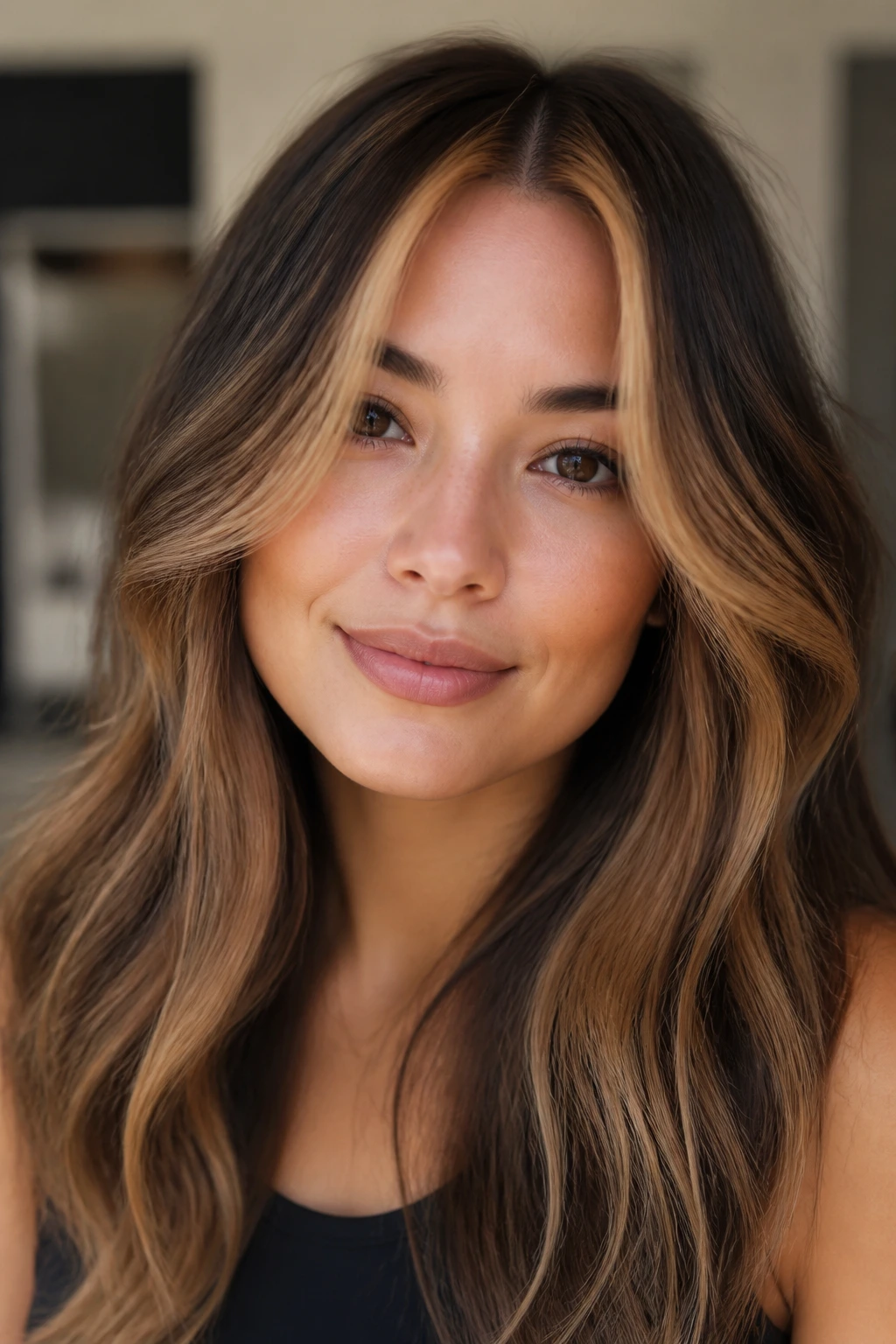 Brunette with butterscotch money piece front highlights