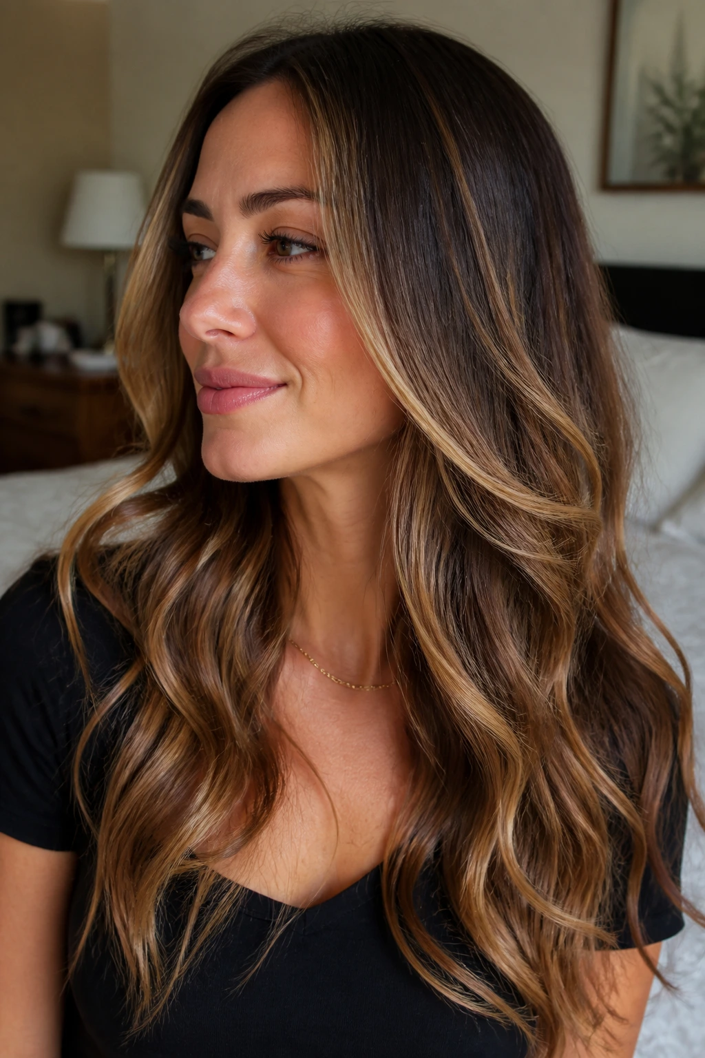 Real woman with butterscotch ribbon lights in hair close-up