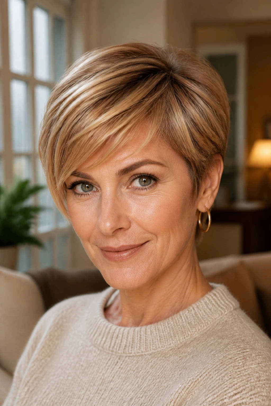 Close-up of a real woman with glossy butterscotch short cut in warm indoor light
