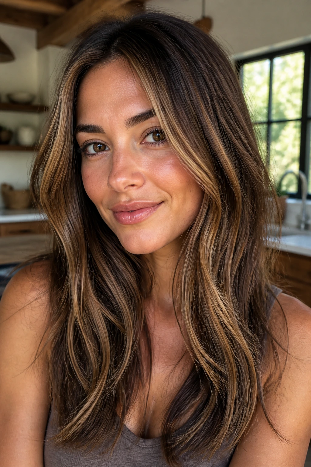 Close-up of medium brown hair with butterscotch strands around the face