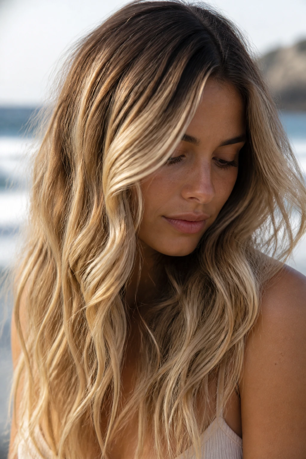 Portrait of a woman with buttery balayage blonde hair outdoors