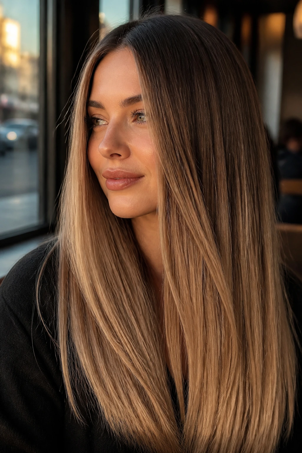 Close-up of a real woman with buttery beige balayage on straight hair