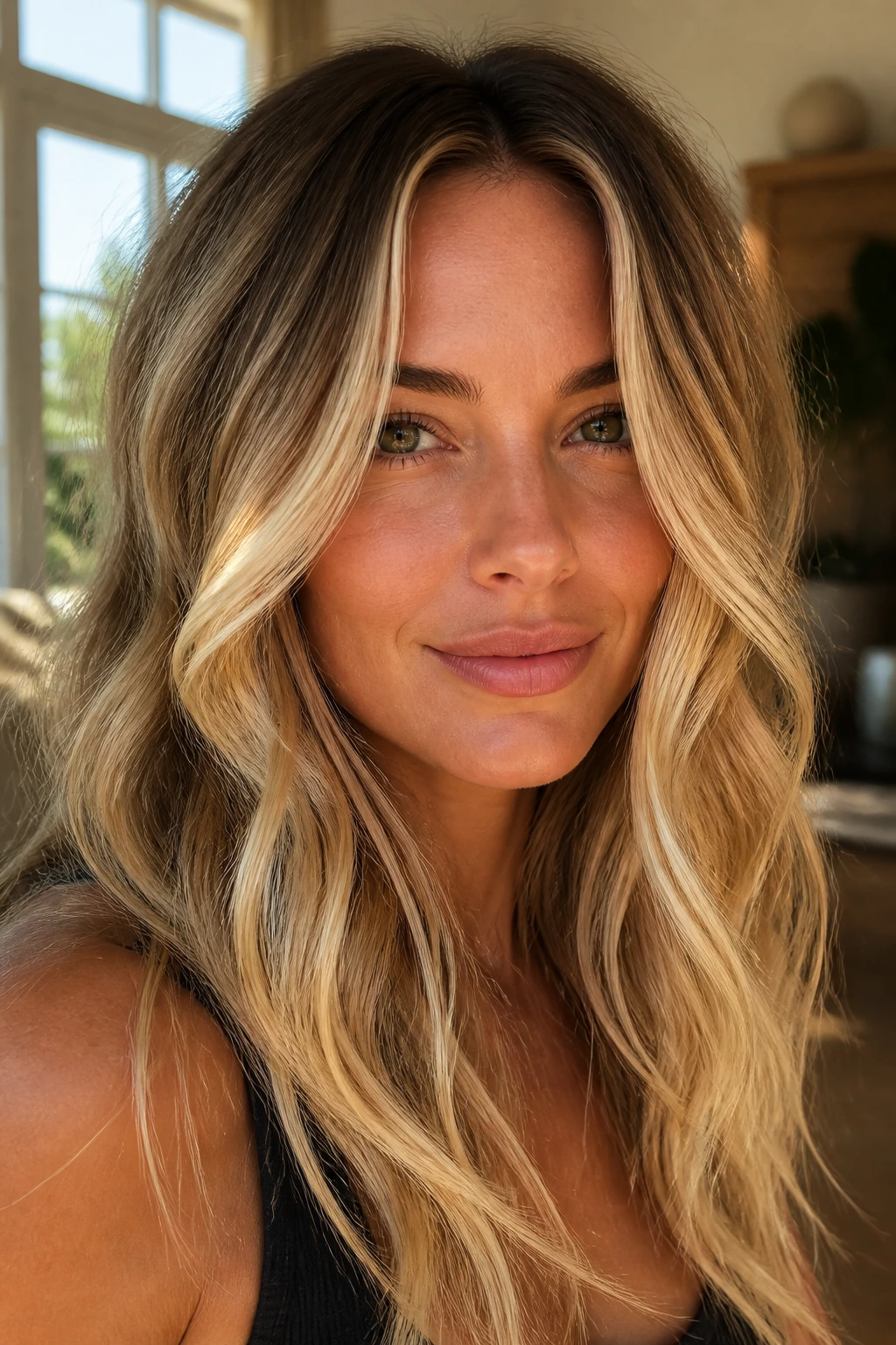 Close-up of a real woman with buttery blonde balayage and warm, dimensional highlights