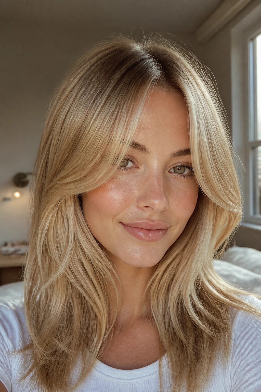 Portrait of a woman with buttery blonde curtain bangs