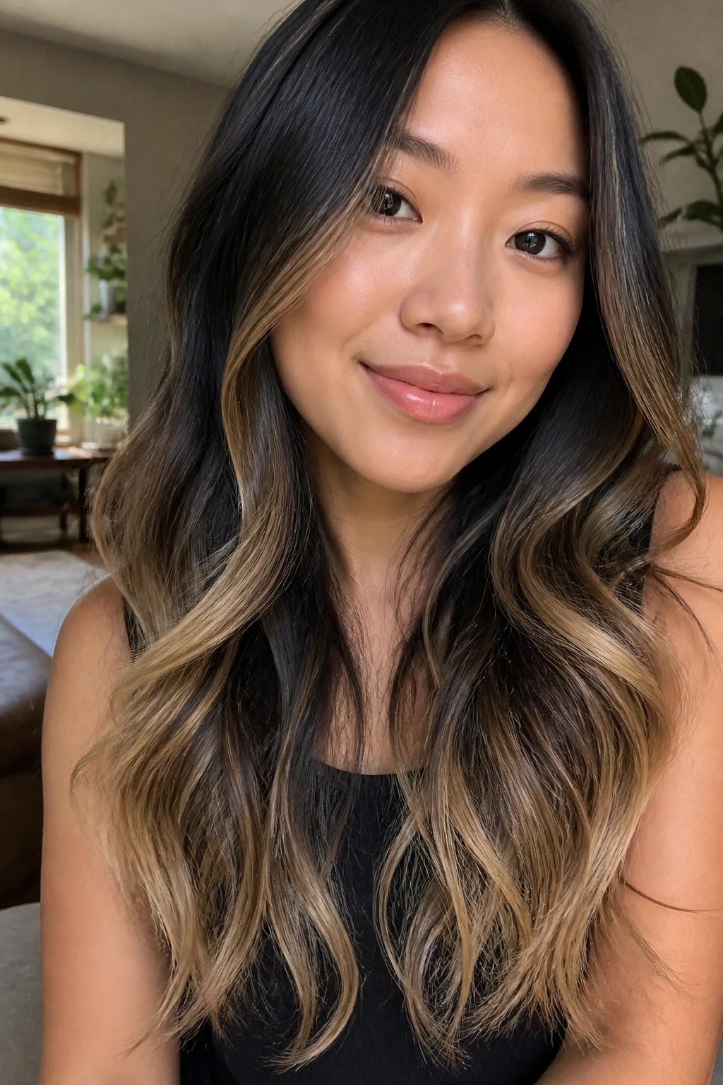 Close-up of a real Asian woman showing buttery blonde ends on dark hair