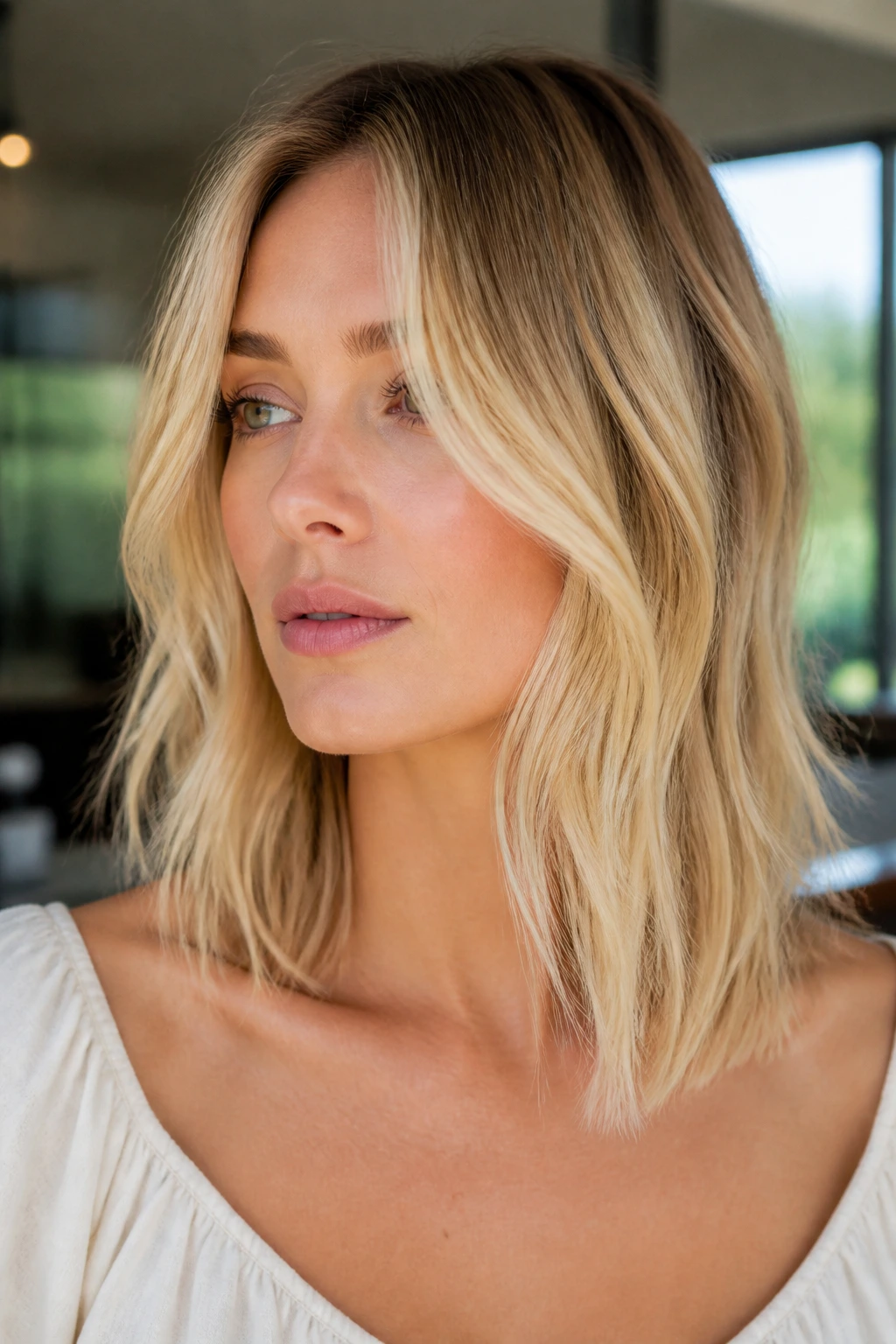 Close-up of a real woman with buttery collarbone-length blonde hair