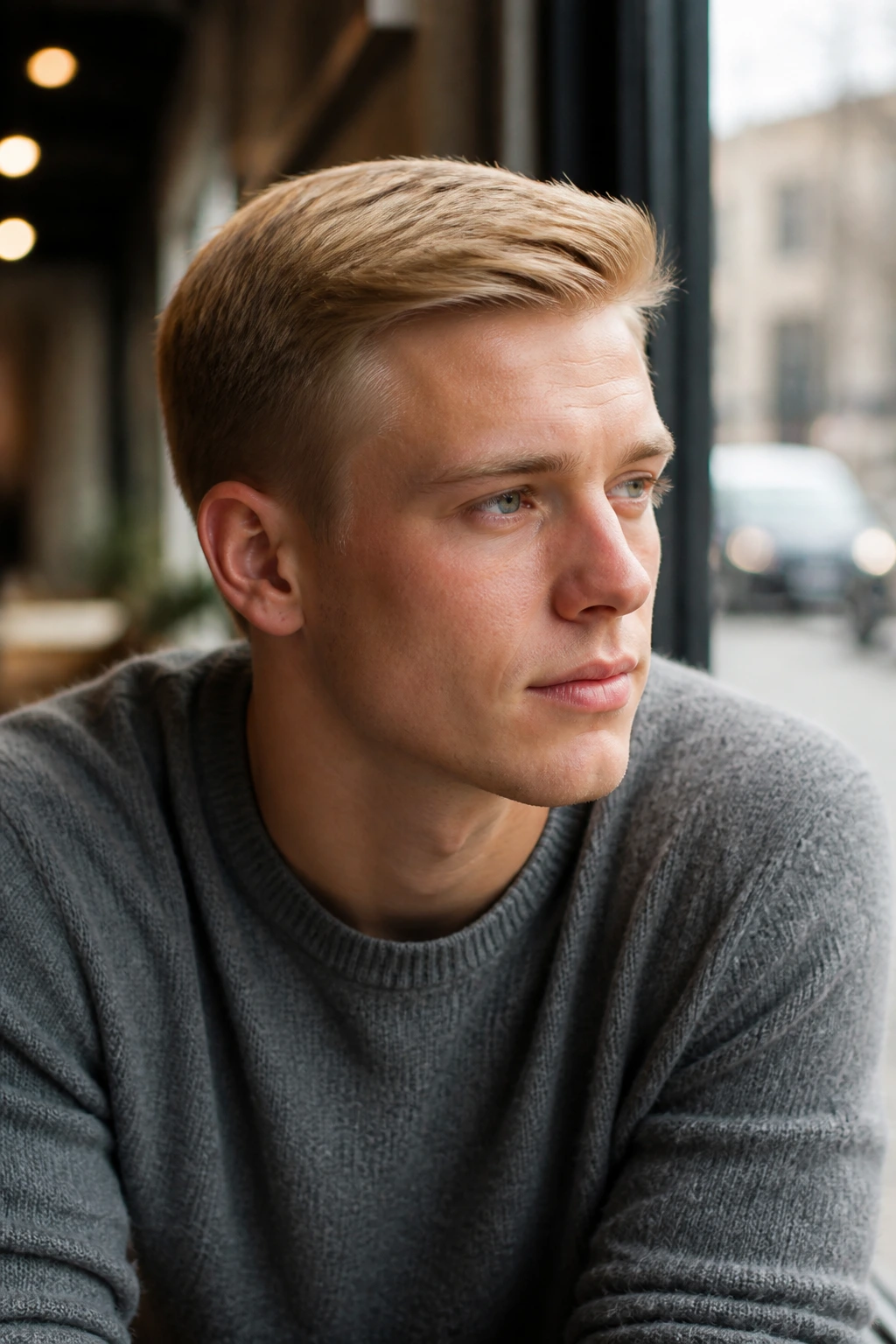 Close-up of a man with a buttery blonde ivy league haircut at a cafe window