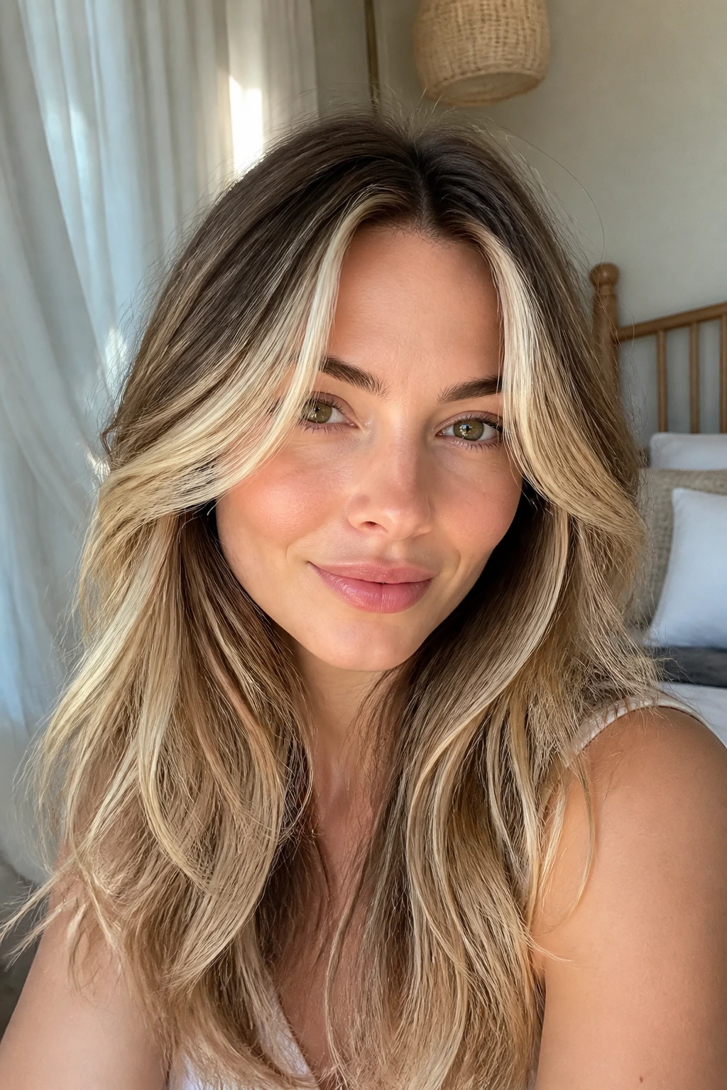 Close-up of a real woman with buttery blonde streaks and curtain bangs in a sunlit room.