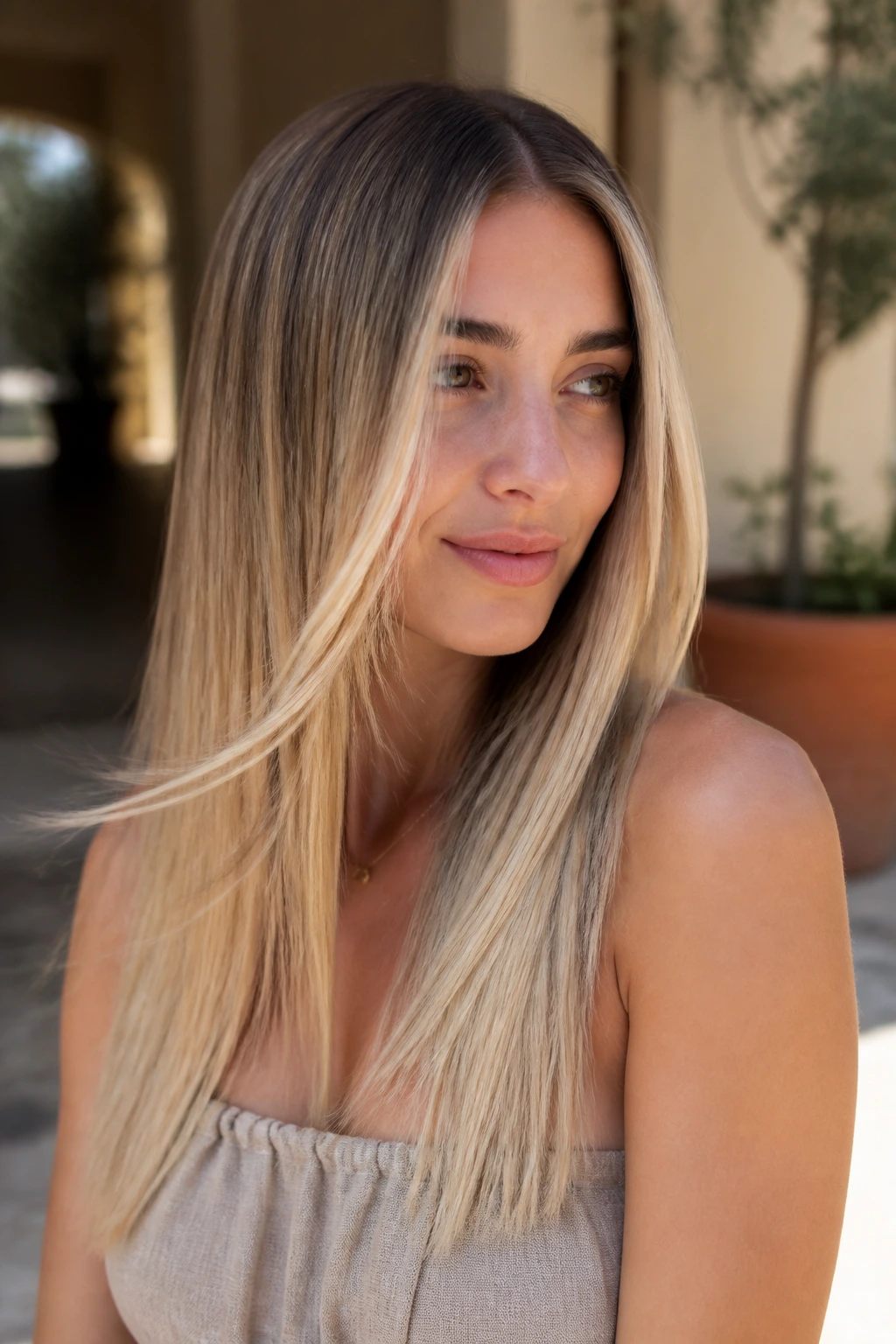 Portrait of a real woman with buttery blonde panels on straight hair outdoors