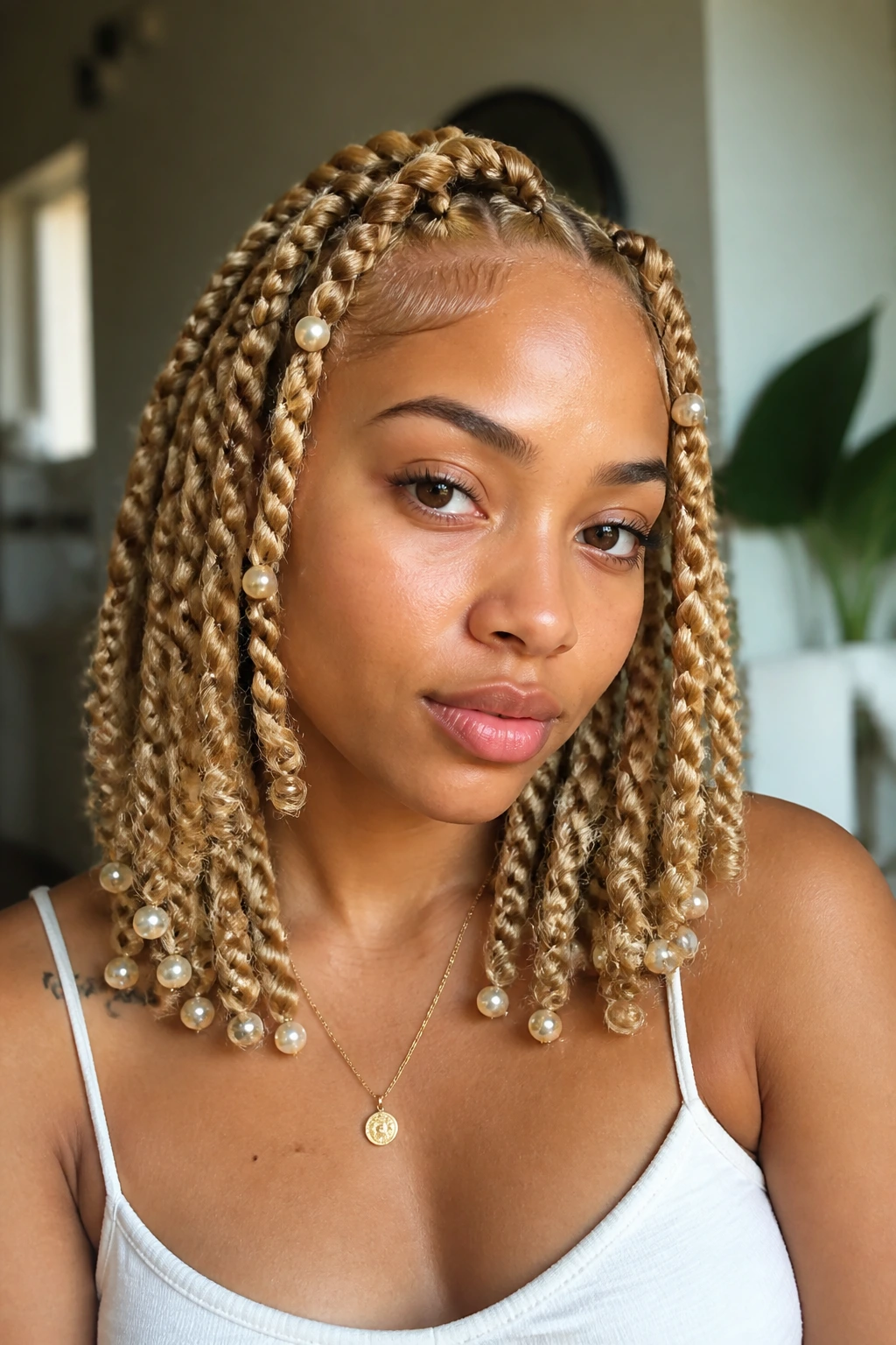 Close-up of buttery blonde passion twists with pearl beads