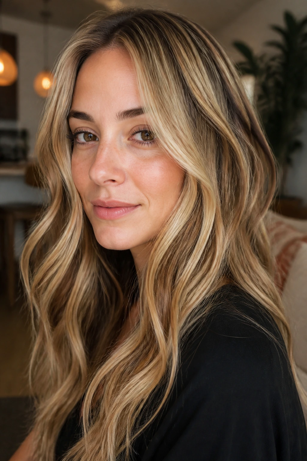 Close-up portrait of a real woman with buttery blonde hair and dark ribbons