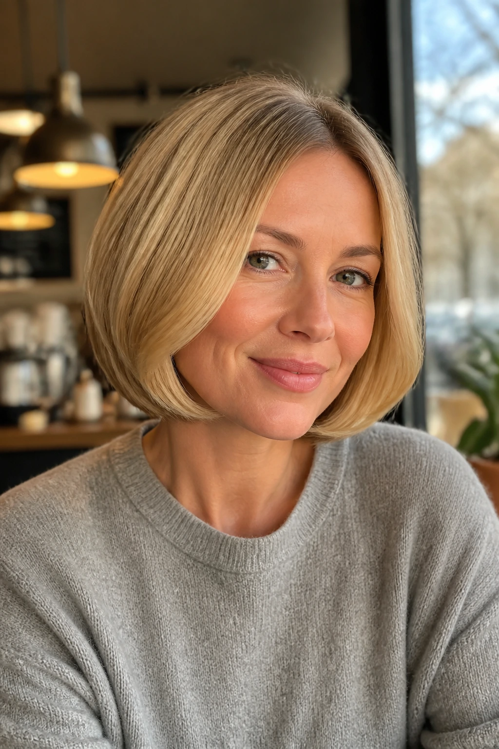 Close-up of a real woman with a buttery blonde rounded bob in soft cafe lighting