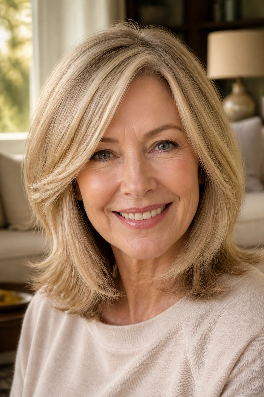 Close-up of a woman with buttery blonde shoulder-length hair with soft layers