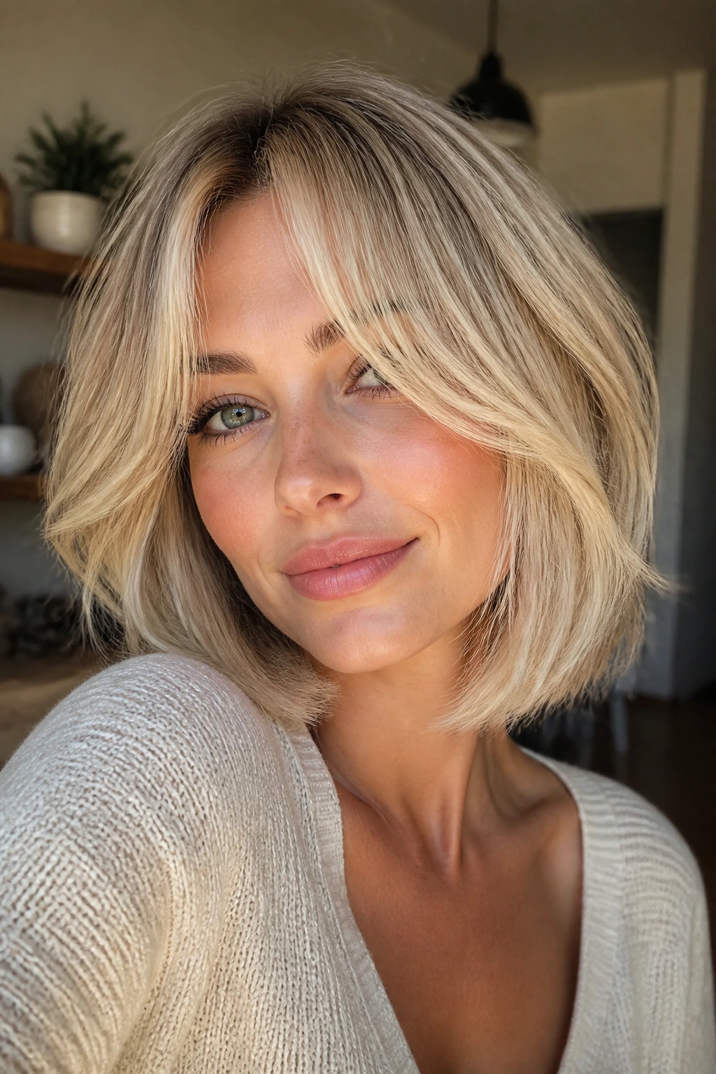 Portrait of a woman with buttery blonde bob and curtain bangs.