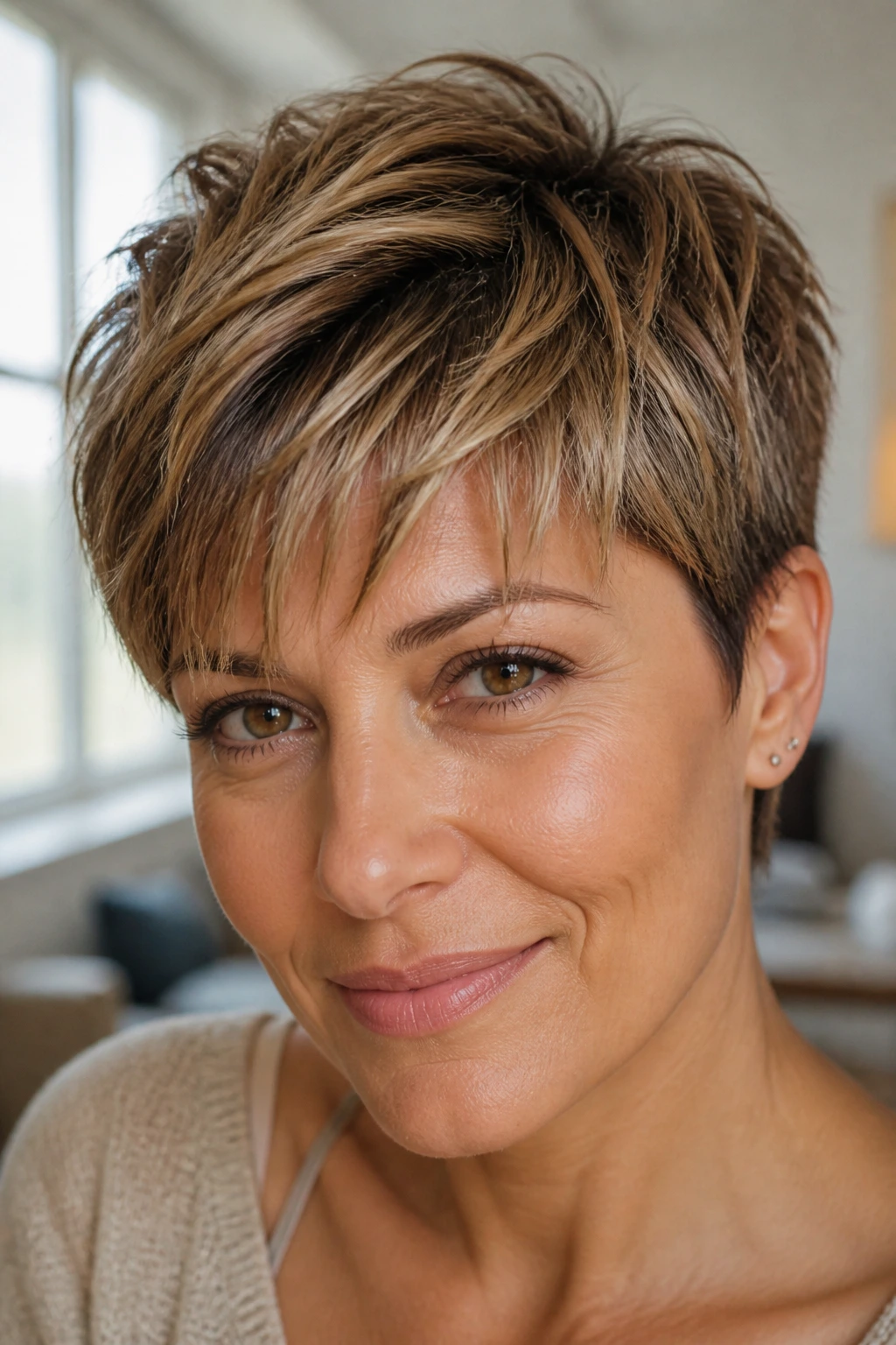 Close-up of a woman with a pixie cut in buttery caramel color