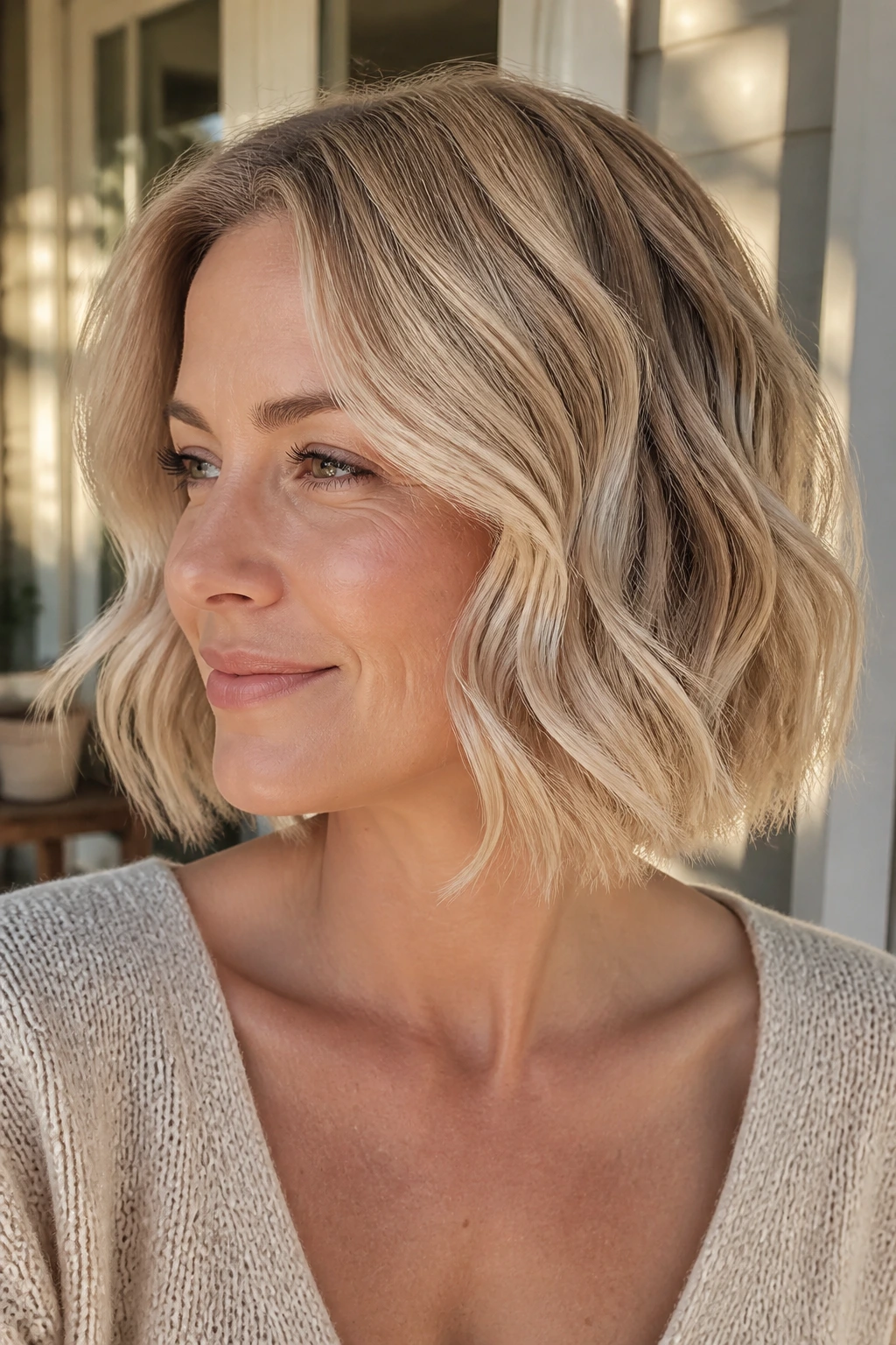 Portrait of a real woman with buttery dimensional wavy bob in beige and pale gold tones.