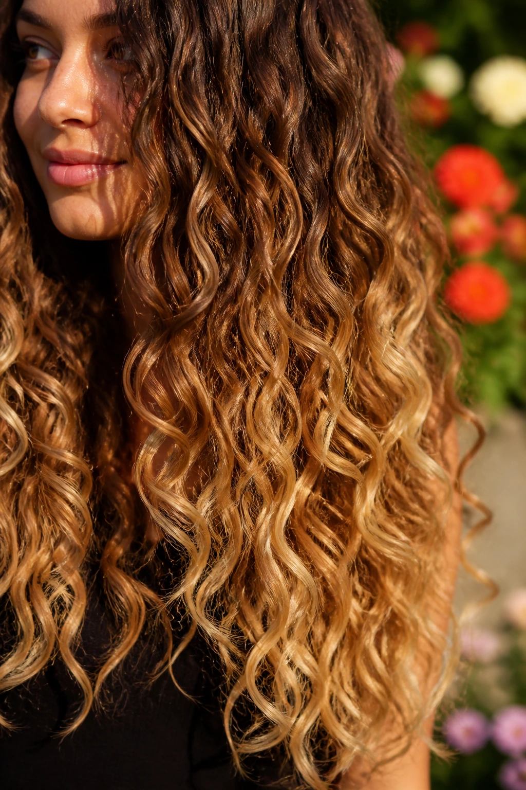 Long curls with buttery foilyage ends in golden hour light