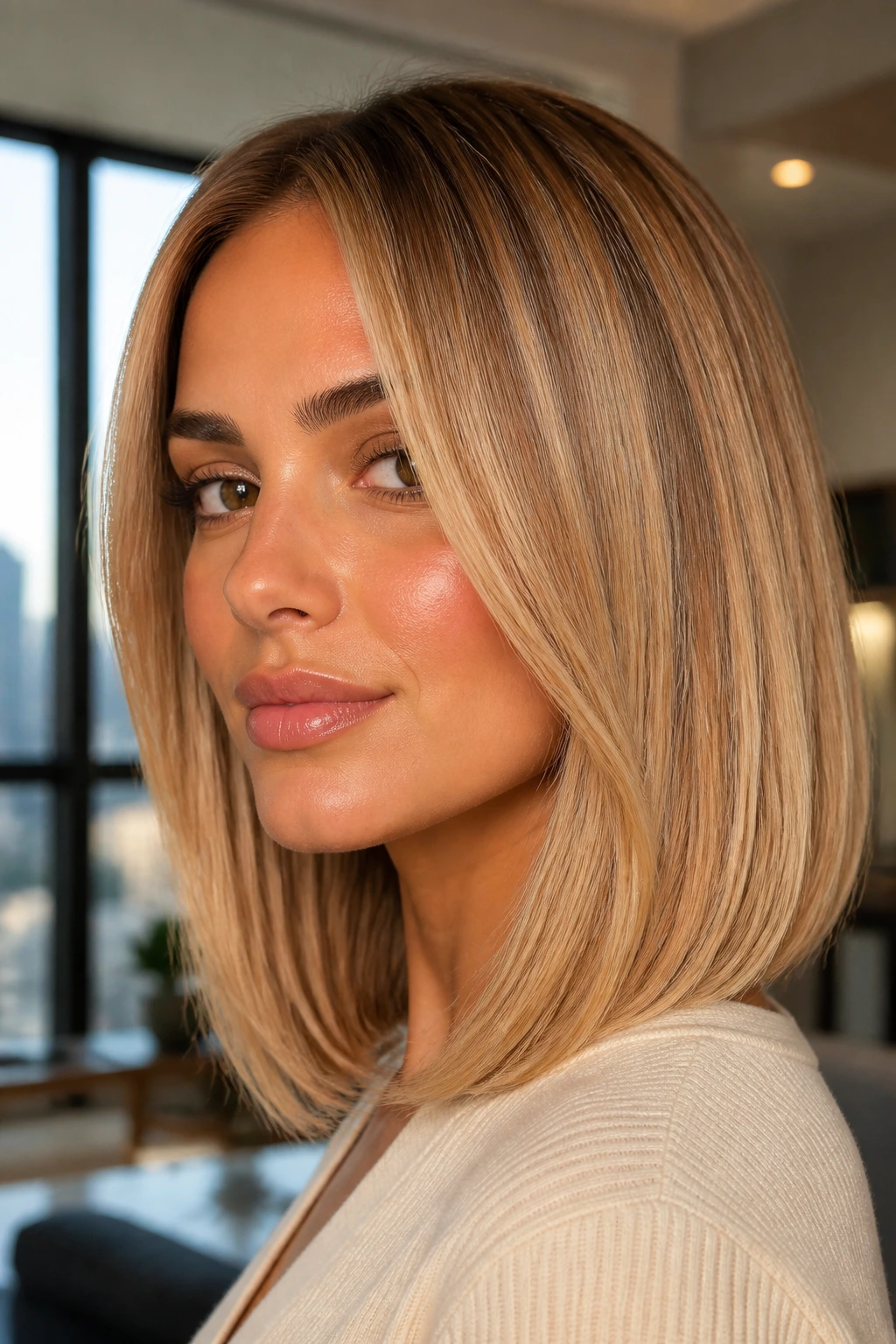 Portrait of a woman with a buttery honey blonde lob under warm window light