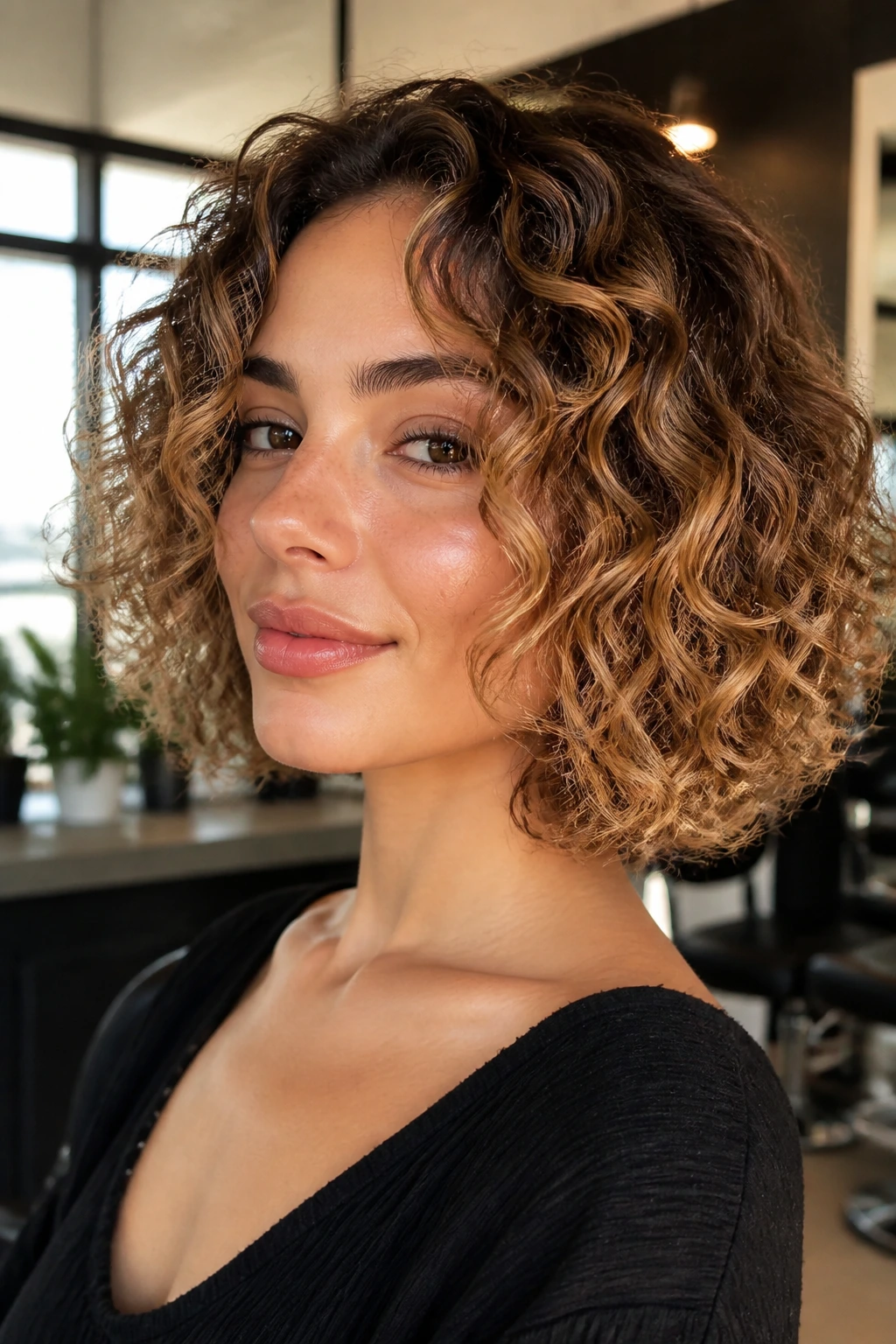 Close-up of curly bob with buttery honey highlights along the outer curve and front