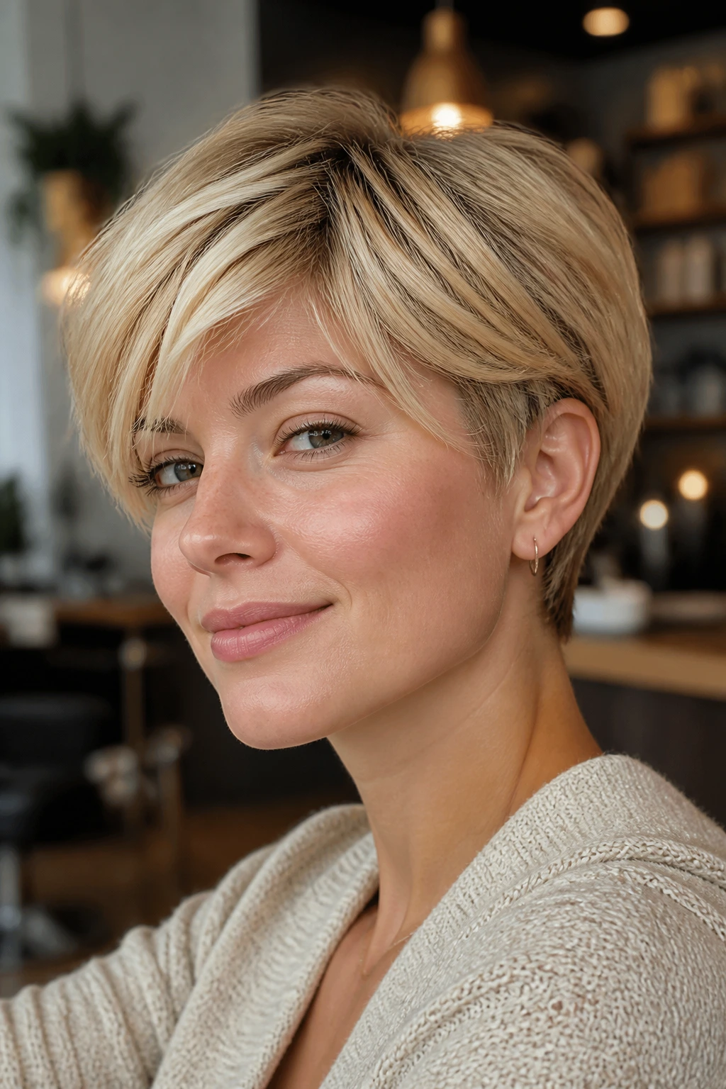 Close-up of a real woman with a buttery pixie bob in a cozy cafe.