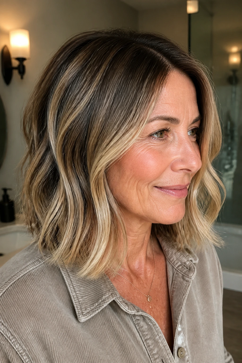 Close-up of hair ends with buttery ribbon highlights in a shoulder-length hairstyle