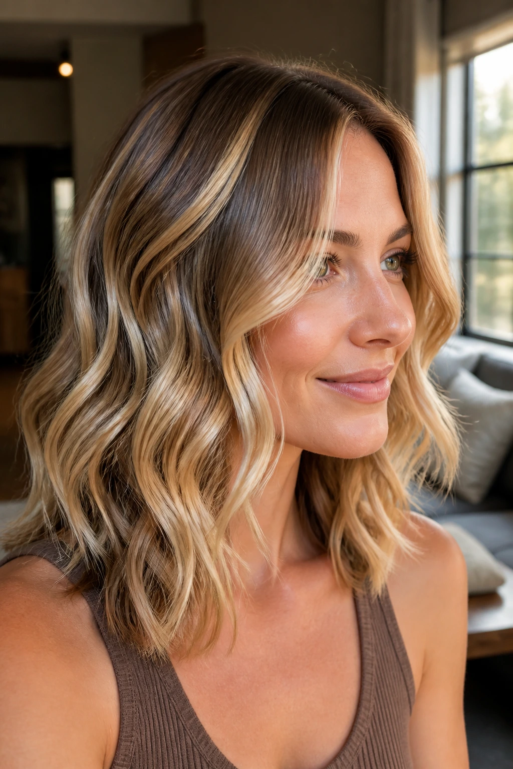 Close-up of a real woman's wavy shoulder-length hair with buttery ribbon highlights.
