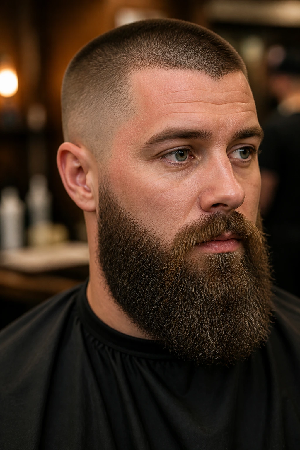Man with buzz cut and longer beard, close-up portrait.