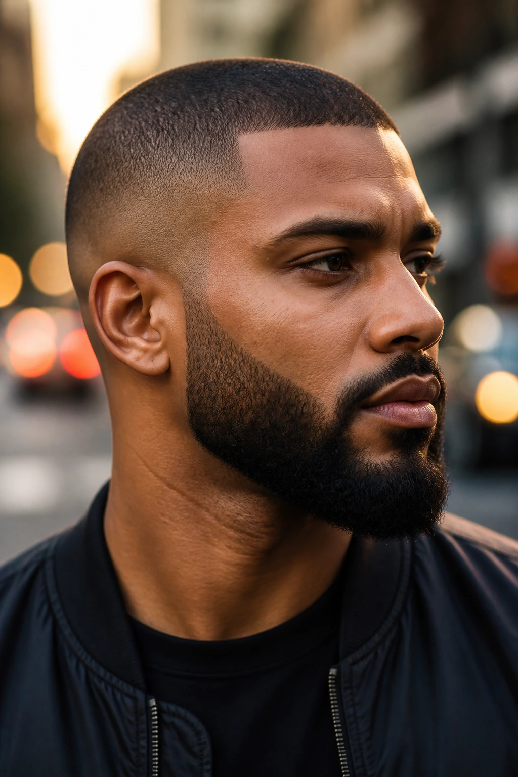 Close-up of a real man with buzz cut and beard blend in golden-hour outdoor setting.