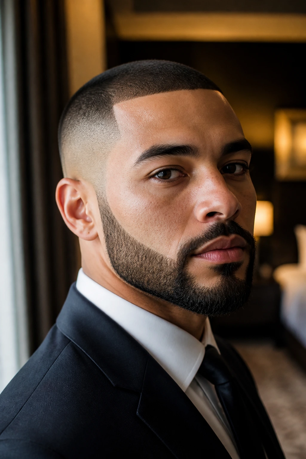 Close-up of man with buzz cut and crisp beard framing in formal attire