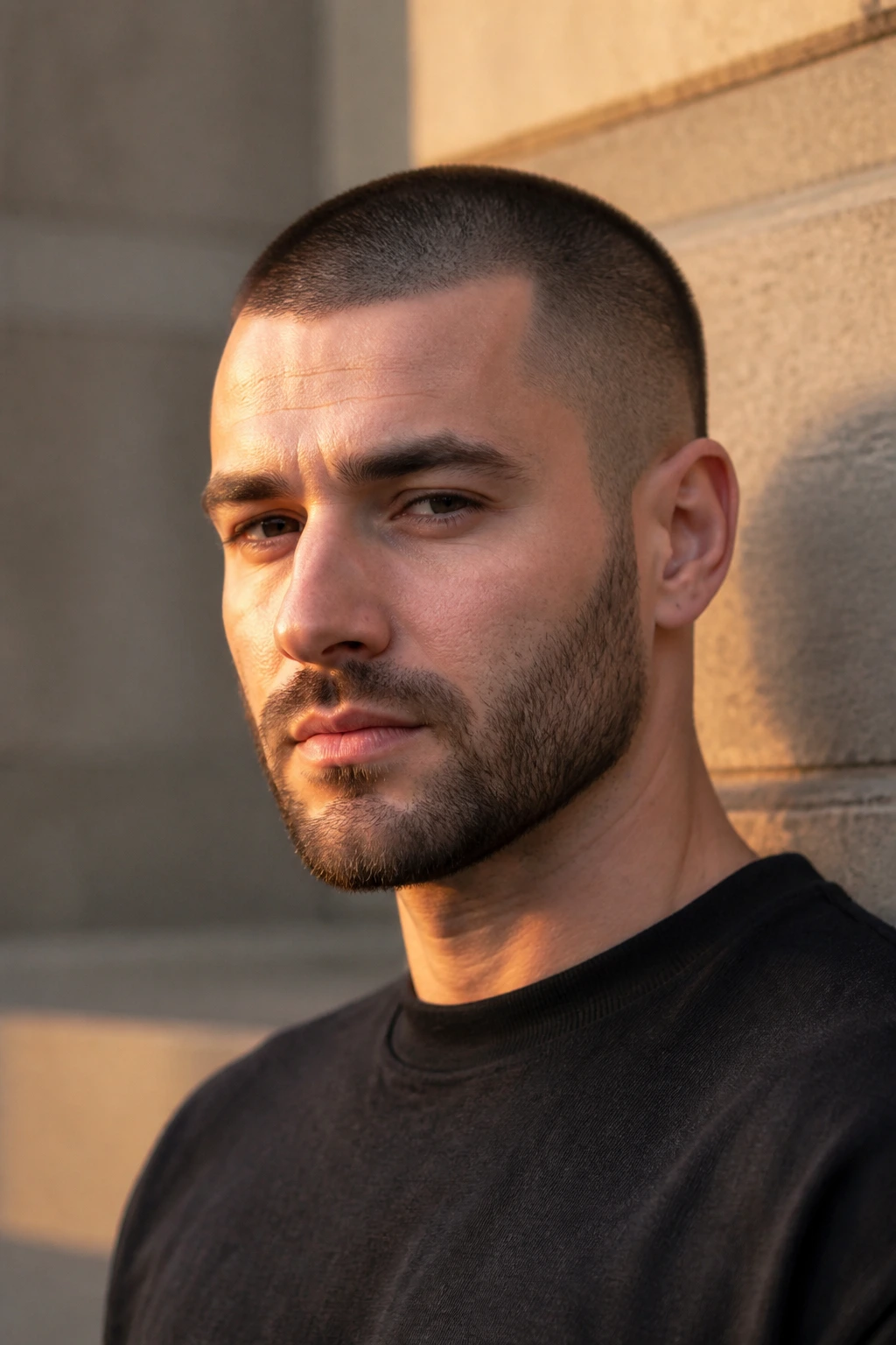Close-up of a man with a buzz cut and a short beard