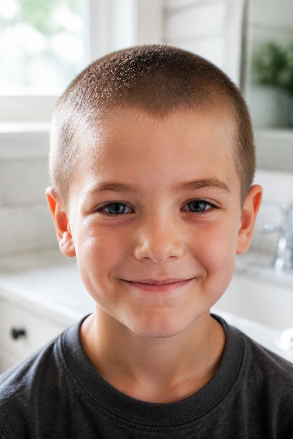 Close-up of a real child with a uniform buzz cut in natural light