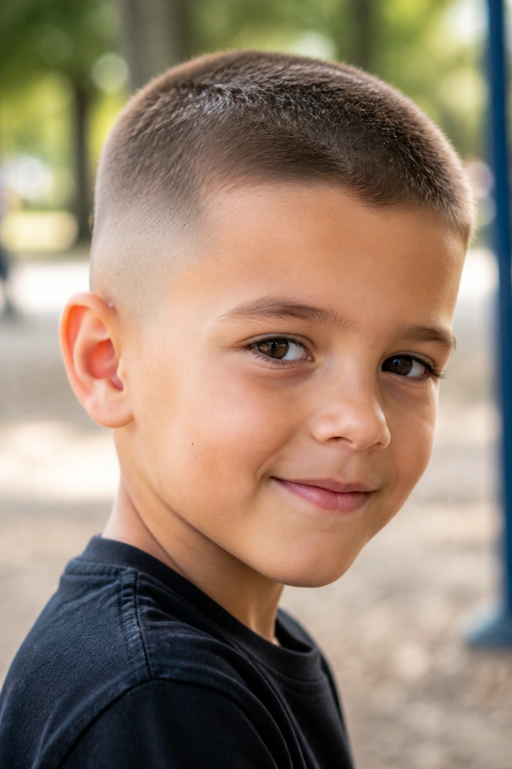 Child with buzz cut and slight fade in outdoor setting