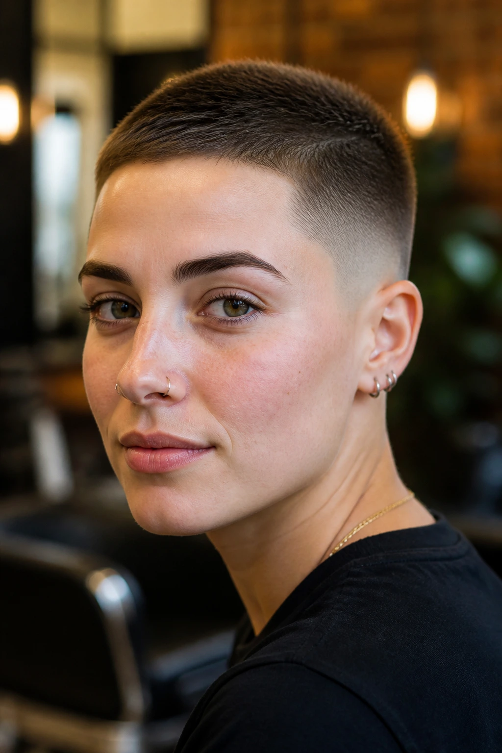 Real person with soft-fade buzz cut and slight crown, close-up portrait in warm indoor light