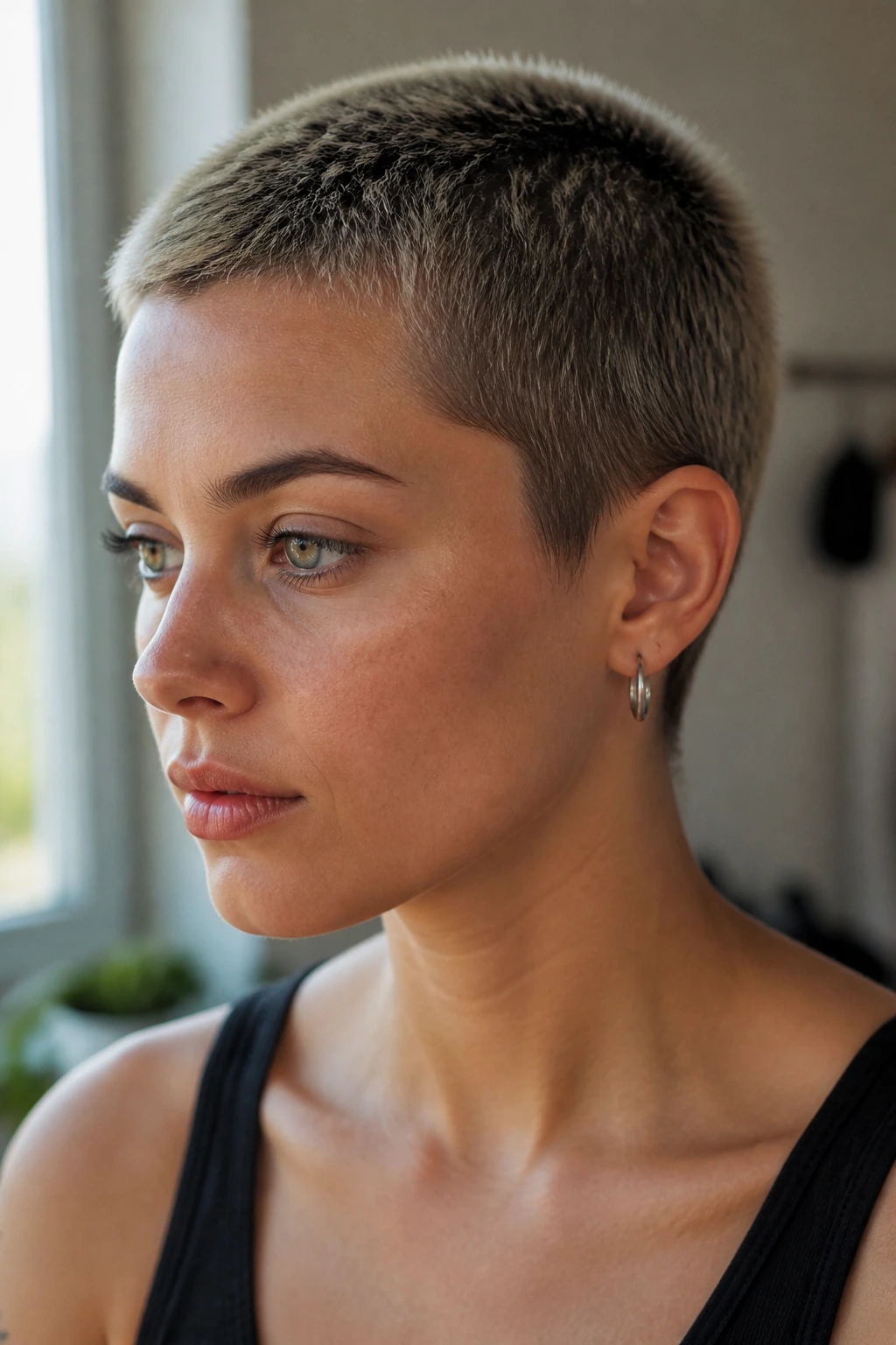 Close-up of a woman with a soft buzz cut and dark roots, lit by natural window light