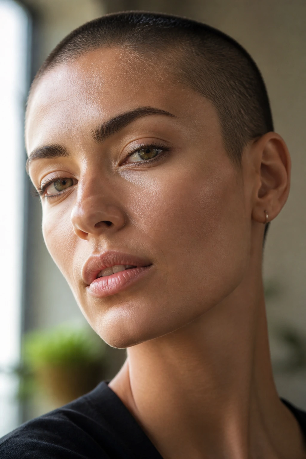 Close-up portrait of a real woman with a buzz cut showing facial structure.