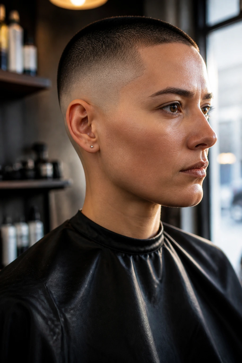 Close-up of a real person with a buzz cut and tight fade, showing crisp hairlines