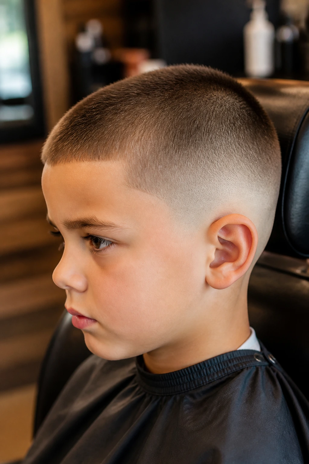 Close-up portrait of a young boy with a buzz cut fade in a barber shop.