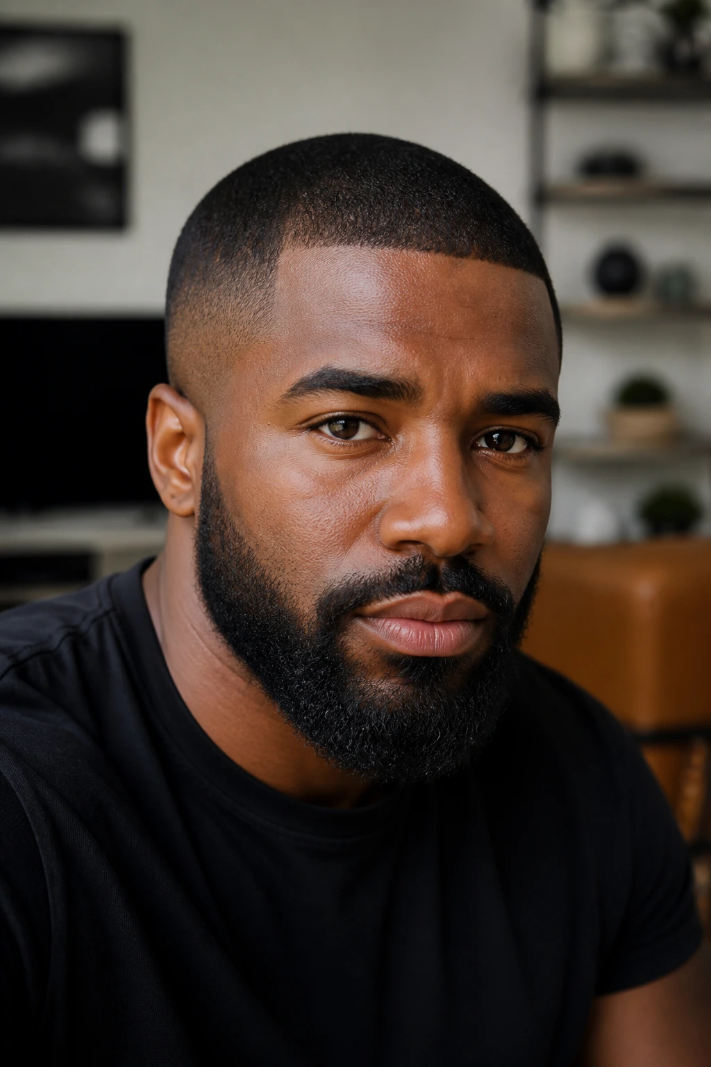 Close-up of a real man with buzz cut and full beard in a softly lit living room.