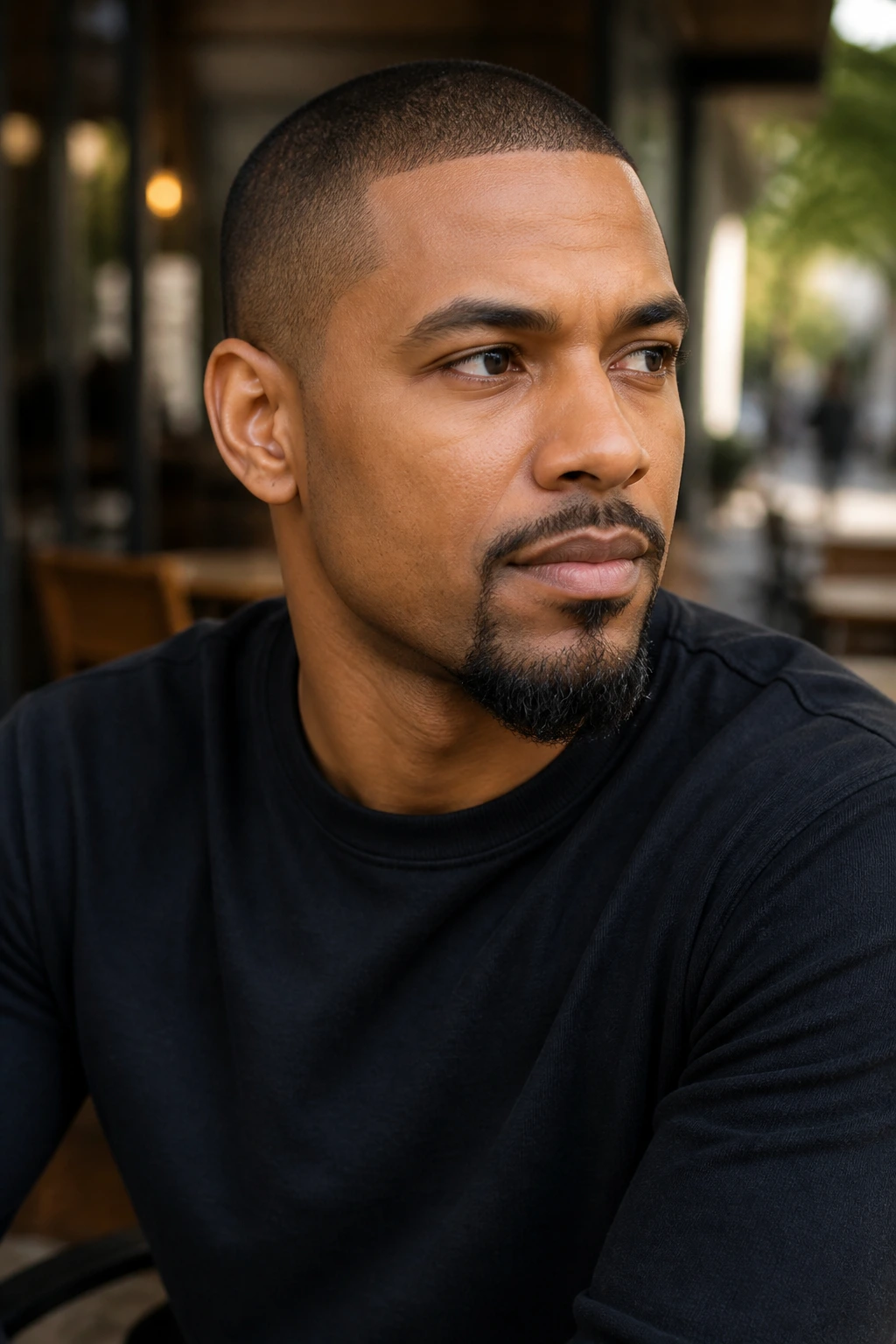 Close-up of a real man with buzz cut and neatly trimmed goatee at a cafe.
