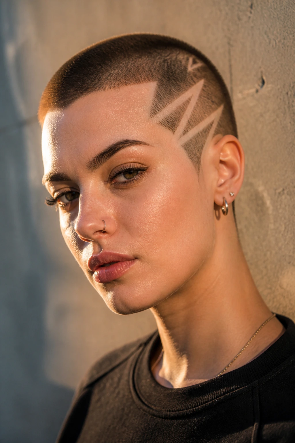 Real woman with a buzz cut featuring a shaved graphic design shown in a close-up portrait.