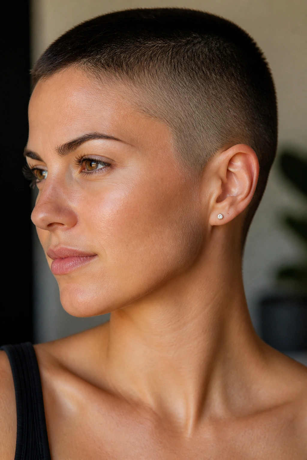 Close-up portrait of a person with a buzz cut and subtle taper illustrating mood variation.