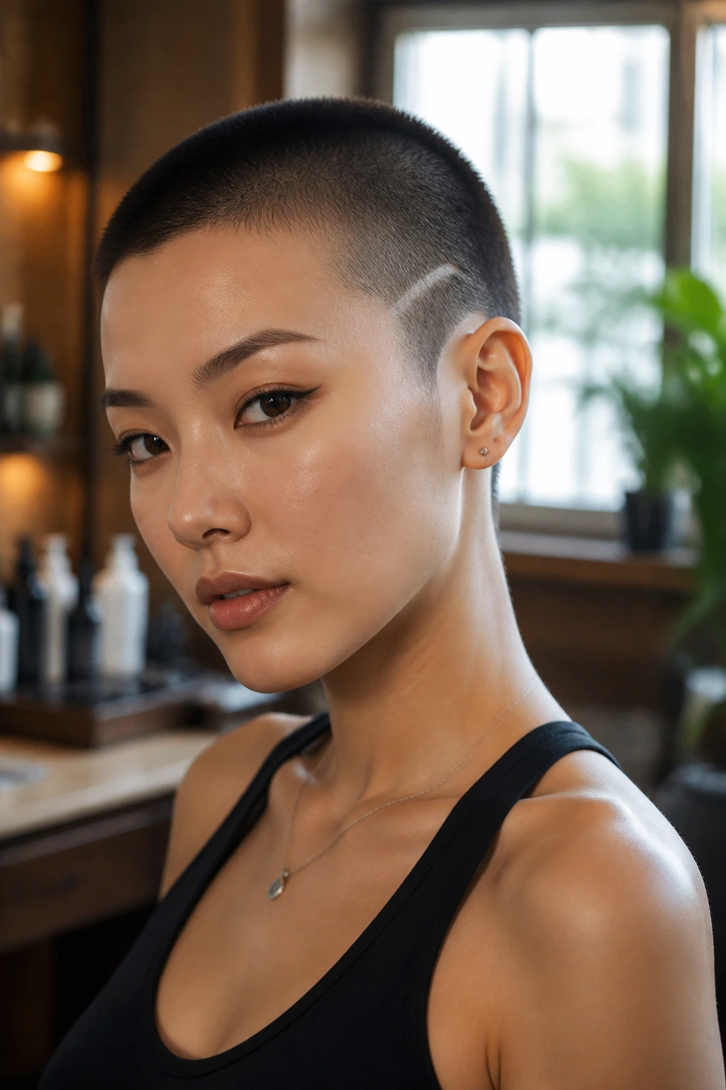 Close-up portrait of a real woman with a buzz cut and hairline design at the temple, natural window light