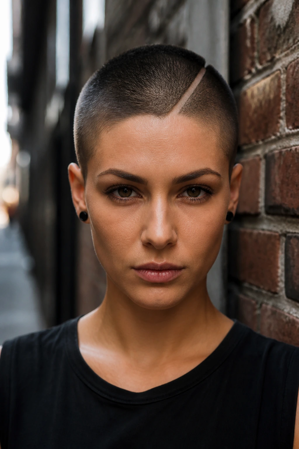 Real woman with a buzz cut and hard side part design