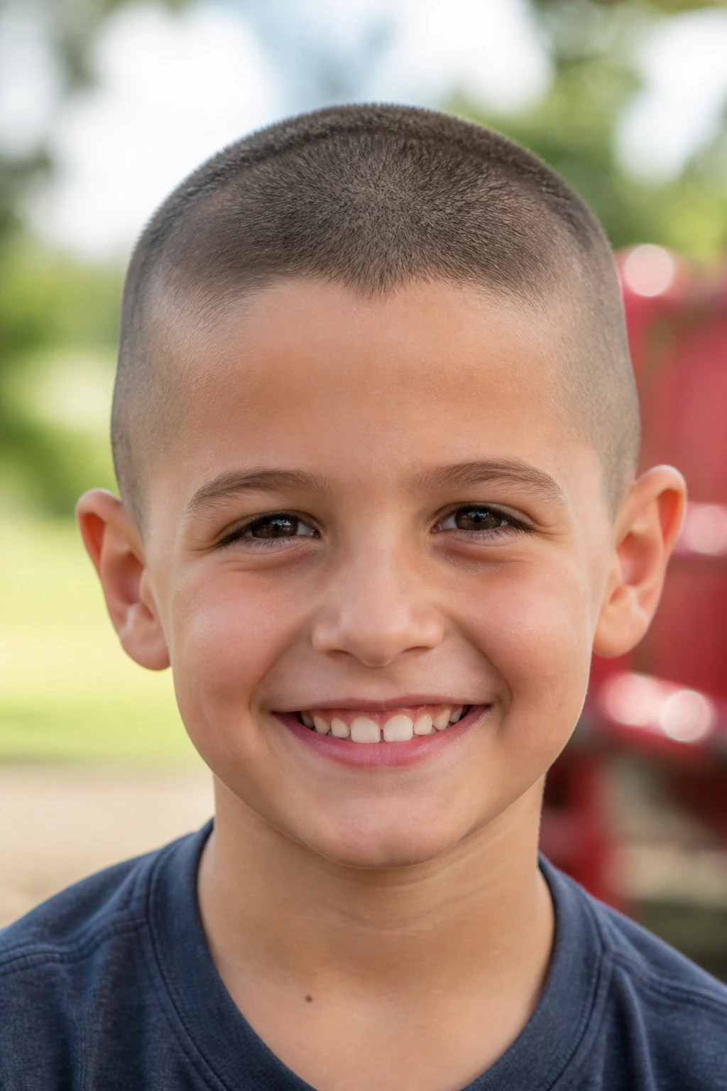 Close-up of child with #2 buzz cut in park sunlight