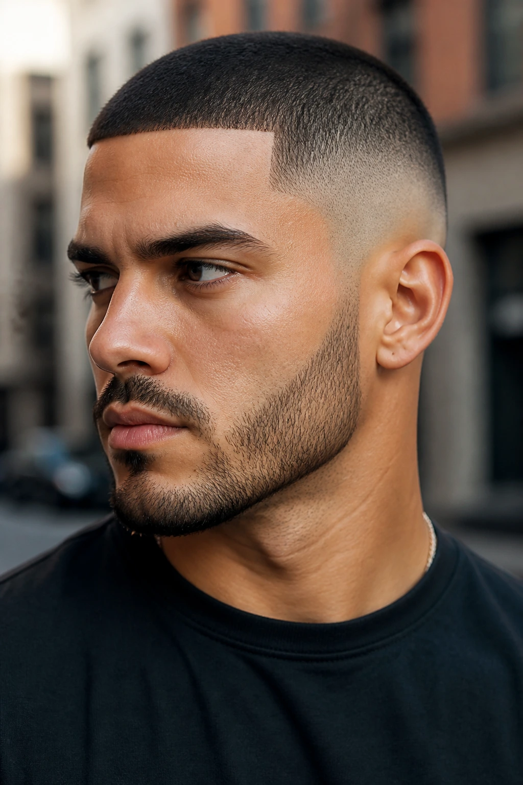 Portrait of a man with buzz cut and sharp line-up in street daylight