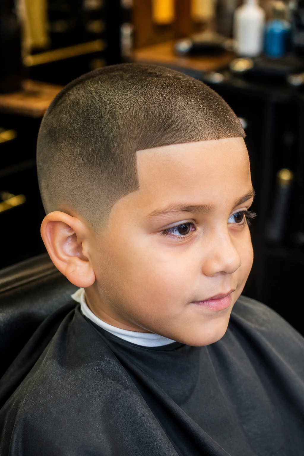 Close-up portrait of a real boy with a buzz cut and clean line-up in a barbershop.