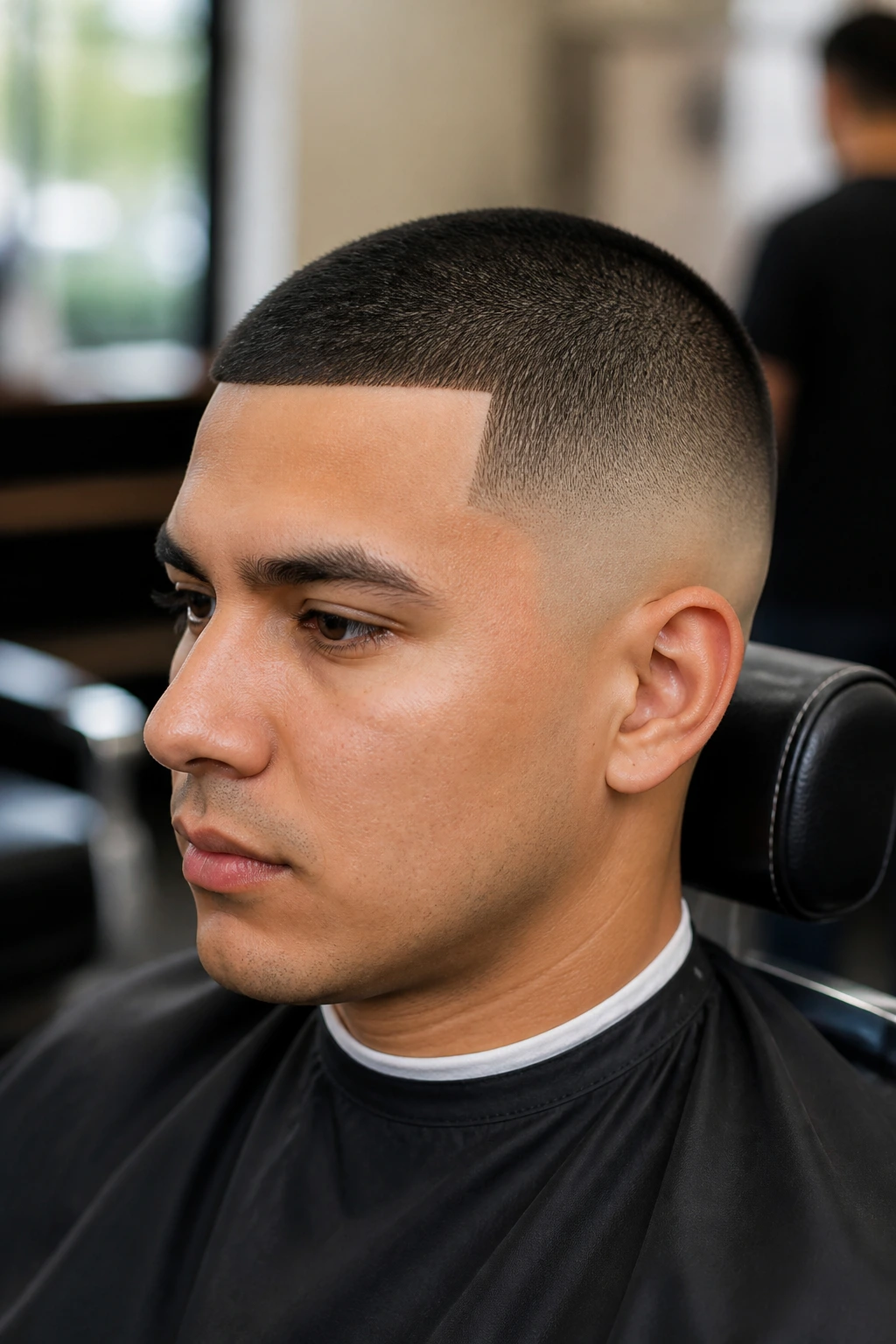 Close-up portrait of a man with buzz cut, line-up and fade